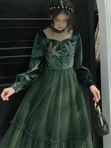 Emeral Green Semi Sheer Long Sleeve 1950S Velvet Vintage Dress