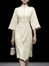 Load image into Gallery viewer, Apricot Half Turtleneck Flared Sleeve Embroidered Wave Hem Vintage Dress