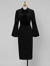Load image into Gallery viewer, Black Bow Collar Long Lantern Sleeve Drilling Velvet 1960S Dress
