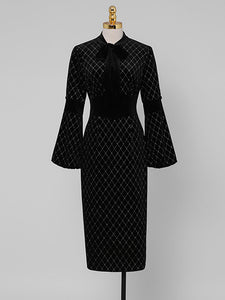 Black Bow Collar Long Lantern Sleeve Drilling Velvet 1960S Dress