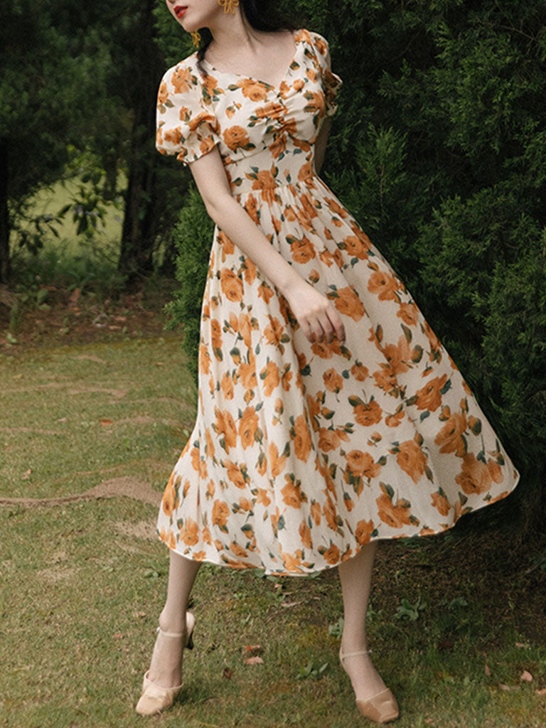 Orange Rose Sweet Heart Collar Puff Sleeve 1950S Vintage Dress Orange / M Orange Rose Sweet Heart Collar Puff Sleeve 1950S Vintage Dress Orange / M