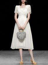 Load image into Gallery viewer, White Bud Sleeve Pearl Square Neck Chiffon 1950S Vintage Dress