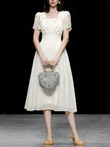 White Bud Sleeve Pearl Square Neck Chiffon 1950S Vintage Dress