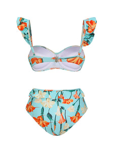 Light Green Retro Floral Print Bikini With Bathing Suit Swing Skirt