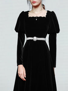 Black Square Collar Puff Long Sleeve  Vintage Velvet Dress