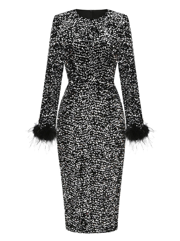 feather hem dress long sleeve Black Sweet Feather Hem Sequin Long Sleeve Bodycon Sexy Gown Party Dress, Black / M