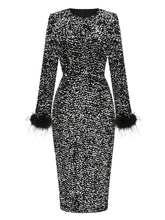 Load image into Gallery viewer, Black Sweet Feather Hem Sequin Long Sleeve Bodycon Sexy Gown Party Dress