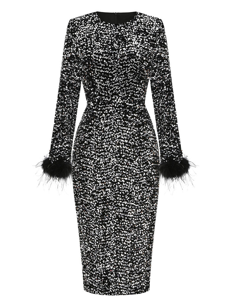 Black Sweet Feather Hem Sequin Long Sleeve Bodycon Sexy Gown Party Dress