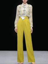 Load image into Gallery viewer, 2PS Yellow Ruffles Collar Floral Print Shirt And Pant Suit