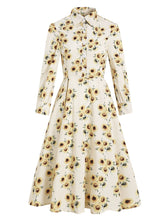 Load image into Gallery viewer, Yellow And White Sun Flower Print Long Sleeve Claasic Collar 1950S Dress