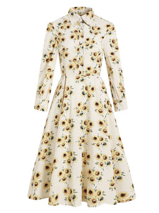 Yellow And White Sun Flower Print Long Sleeve Claasic Collar 1950S Dress