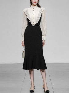 White Lace Shirt Fake Two-Piece Fishtail Dress