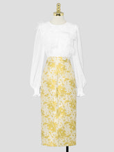 Load image into Gallery viewer, 2PS White Lace Long Sleeve Top And Yellow Floral Print Skirt Dress Suit