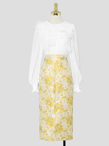 2PS White Lace Long Sleeve Top And Yellow Floral Print Skirt Dress Suit
