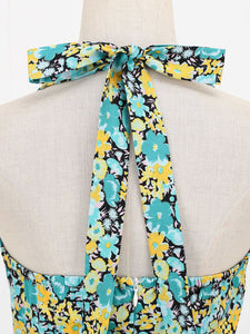 Green Floral Print Halter Classis Vintage Style 1950S Dress With Back Bowknot