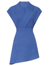 Load image into Gallery viewer, 2PS Blue Vertical Striped Lapel Sleeveless Slim Top High Waist Asymmetric Short Skirt Set