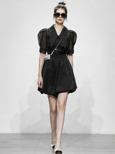 Load image into Gallery viewer, 3PS Black Pointed Big Lapel Puff Sleeves Organza Top And High Waist Bloomers Set