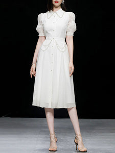White Pearl Collar Romantic Floral Textured Shirt Dress