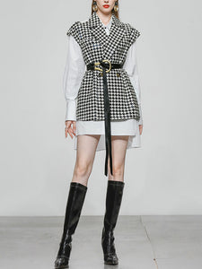 2PS Houndstooth Pattern Vest And White Low High Shirt Coat Suit