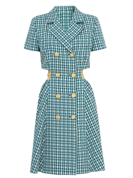 Blue Plaid Short Sleeve Waist Back Waist Hollow Bow Dress