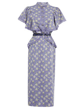 Load image into Gallery viewer, Lavender Lace Collar Ruffles Sleeve Floral Print 1930S Vintage Dress With Belt