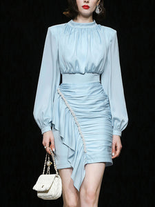 Blue Lantern Long Sleeve Crinkled Bodycon Satin Party Dress