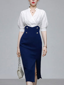 White And Navy Lantern Sleeve Slit Dress Vintage 1940S Dress