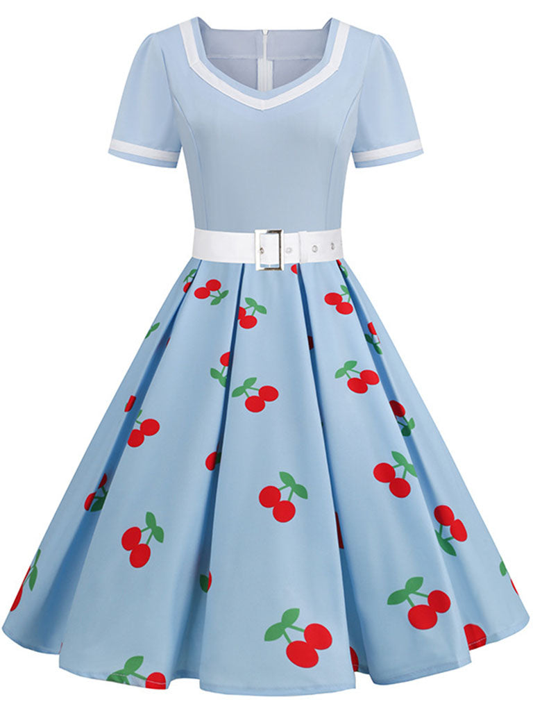 1950 vintage dresses Blue V Neck Cherry Swing 1950S Vintage Dress, Blue / XL
