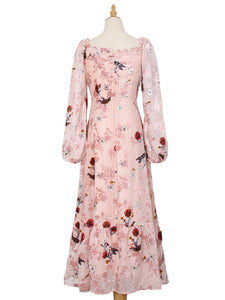 Floral Flocking Rose Chiffon Dress Long Sleeve Vintage Dress