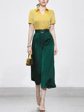 Load image into Gallery viewer, 2PS Yellow Elegant V-neck Short Sleeve Shirt With High-waisted Wide Pants Suit