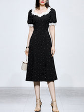 Load image into Gallery viewer, White Lace Square Neck Puff Sleeve Vintage Pearl Hepburn Style Midi Black Dress