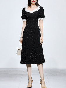 White Lace Square Neck Puff Sleeve Vintage Pearl Hepburn Style Midi Black Dress