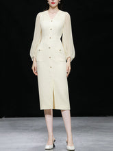 Load image into Gallery viewer, Light Pink Solid Color Puff Long Sleeve V-Neck Pearl 1940S Dress