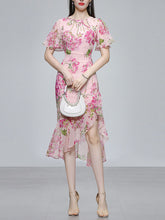 Load image into Gallery viewer, Pink Floral Print Chiffon Ruffles 1960S Dress