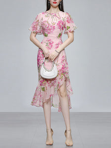 Pink Floral Print Chiffon Ruffles 1960S Dress