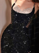 Load image into Gallery viewer, Black Spaghetti Strap Sequined Mesh Slit  Sexy Gown Party Dress With Gloves