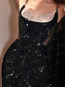 Black Spaghetti Strap Sequined Mesh Slit  Sexy Gown Party Dress With Gloves