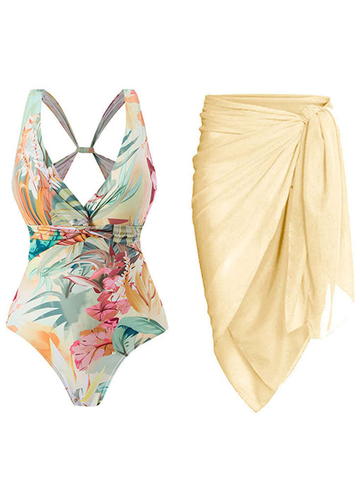 Apricot Floral Print Flower Strap One Piece With Bathing Suit Wrap Skirt