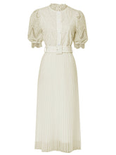 Load image into Gallery viewer, Apricot Stand Collar Puff Sleeve Mesh Pleated Dress