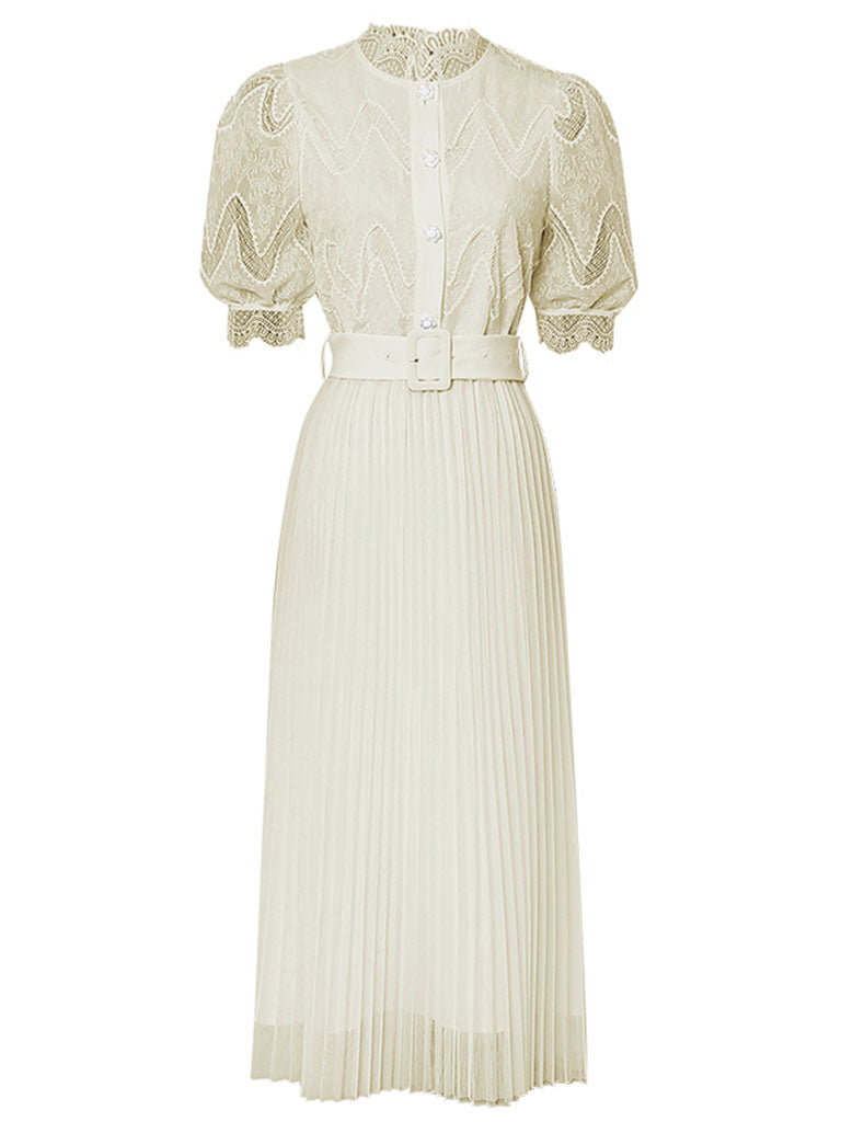 Apricot Stand Collar Puff Sleeve Mesh Pleated Dress