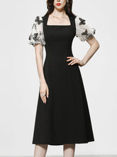 Load image into Gallery viewer, Black Butterfly Puff Sleeve Audrey Hepburn Style 50S Dress