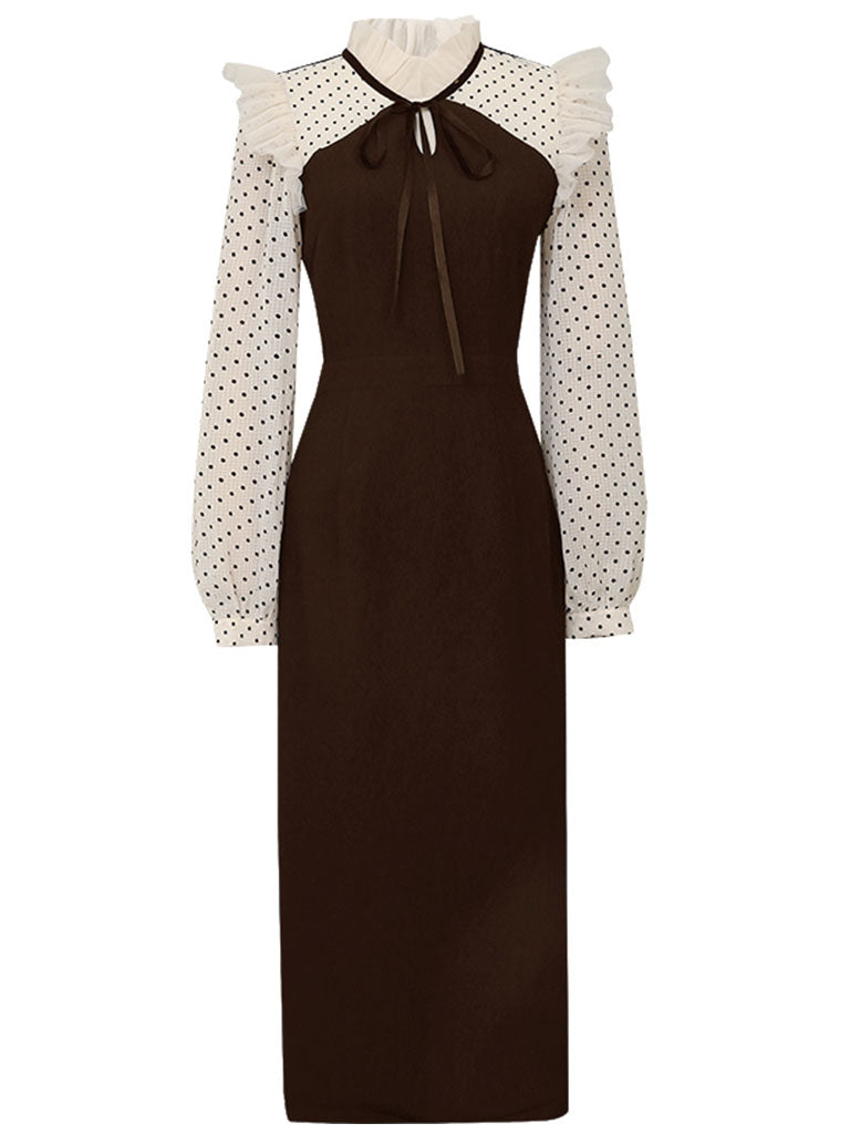 Coffee 1960S Vintage Polka Dots Ruffles Long Sleeve Bodycon Dress, Coffee / S Coffee 1960S Vintage Polka Dots Ruffles Long Sleeve Bodycon Dress, Coffee / S