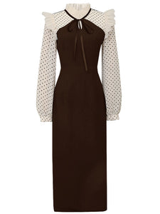 Coffee 1960S Vintage Polka Dots Ruffles Long Sleeve Bodycon Dress