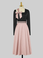 Load image into Gallery viewer, Pink And Black Square Collar Bowknot 1950S Hepburn Style Outfits Vintage Swing Dress