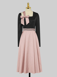 Pink And Black Square Collar Bowknot 1950S Hepburn Style Outfits Vintage Swing Dress