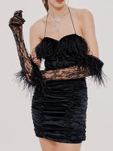 Load image into Gallery viewer, Pink Spaghetti Strap Feather Satin Pleated Sexy Gown Party Dress With Gloves