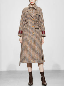 Brown Plaid Long Sleeve Women's Winter Coat