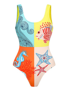 2PS Starfish Print One Piece With Bathing Suit Swing Skirt