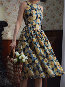 1950S Hepburn Style Outfits Blue And Yellow Floral Print Back Hollow Heart Swing Dress