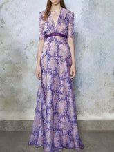 Load image into Gallery viewer, Lilac V Neck Short Sleeve Floral Print Maxi Dress Beach Vacation Outfit
